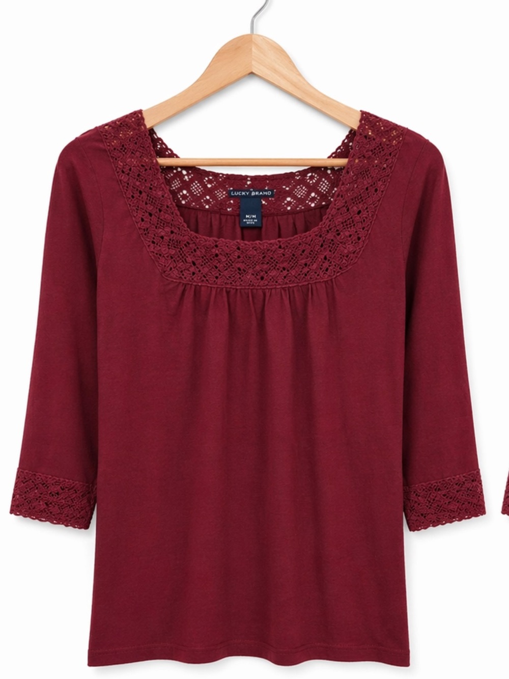 Lucky Brand Burgundy Lace-Trim Scoop Neck Long Sleeve Top | Size M